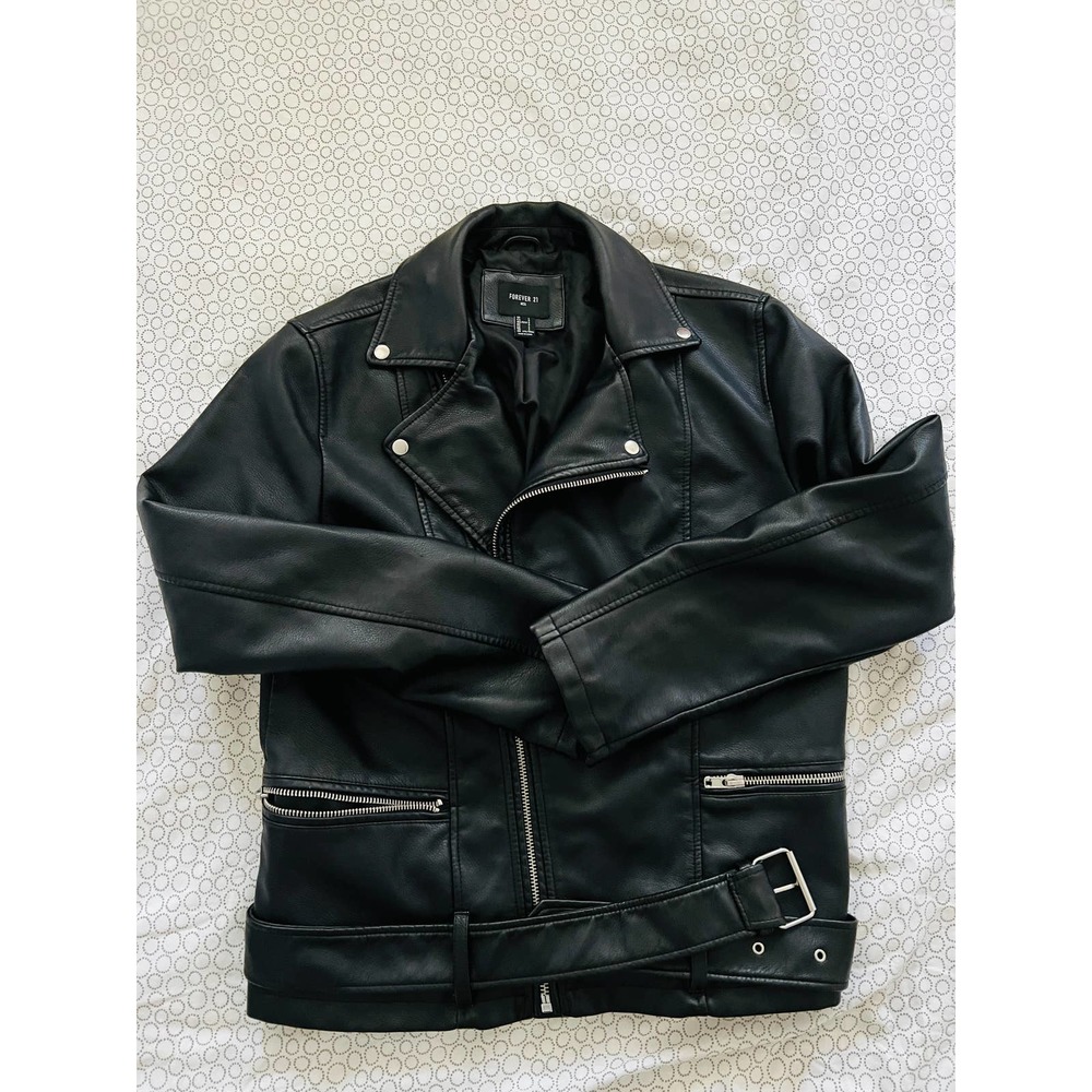 Forever 21 sz L black faux biker leather jacket NWOT